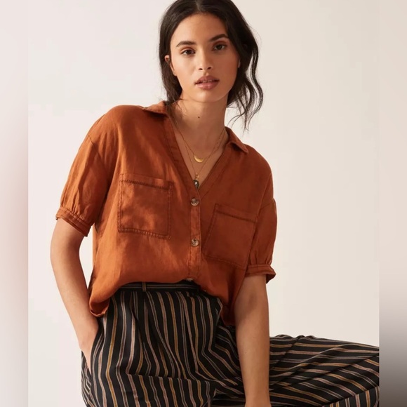 Anthropologie Pilcro brown linen surf button down shirt size: M - Picture 1 of 10